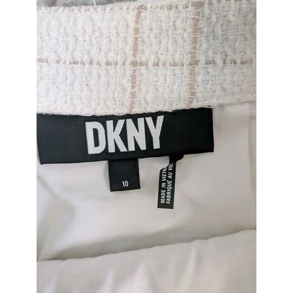 DKNY Mini Skirt Women's 10 Beige White Plaid Tweed Textured Lined Asymmetrical - Picture 13 of 14